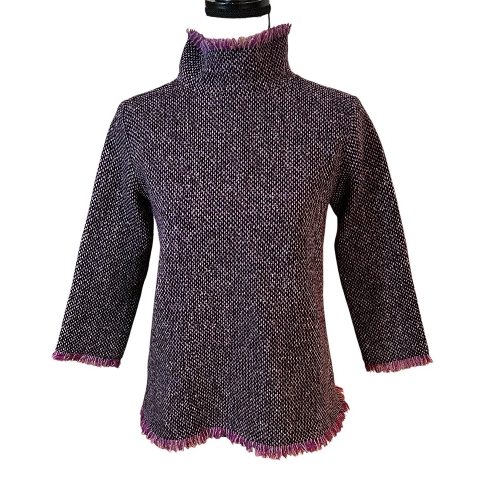Ann Mashburn Ana Wool Tweed Fringe Mock-Turtleneck Tunic Top Sz-XS
